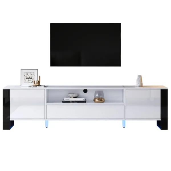 Tv-Bänkar>Modern högglansig vit TV-bänk med LED-belysning och förvaringsutrymme 178 cm, för upp till 70 tums TV-apparater