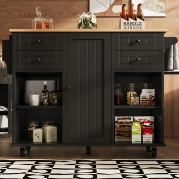 Köksö>Modern köksö (127×46×91,5 cm) köksskåp med träådring, matvagn med multifunktionell förvaring