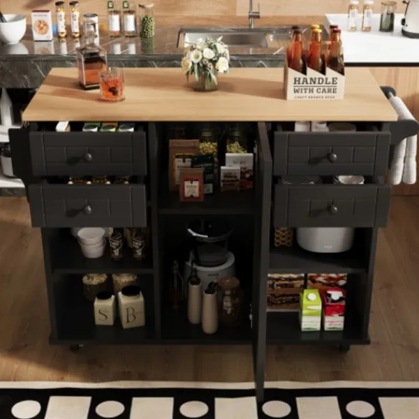 Köksö>Modern köksö (127×46×91,5 cm) köksskåp med träådring, matvagn med multifunktionell förvaring