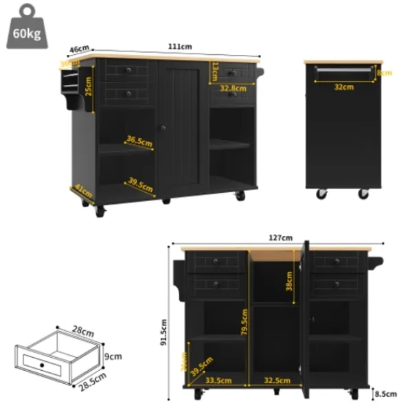 Köksö>Modern köksö (127×46×91,5 cm) köksskåp med träådring, matvagn med multifunktionell förvaring