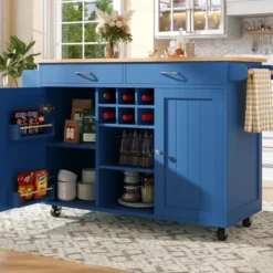 Köksö>Modern köksö (102x45x92cm) i blått med träådring – multifunktionell som matbord, köksskåp & bufféskåp med förvaringsutrymme