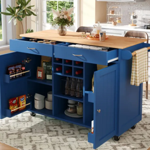 Köksö>Modern köksö (102x45x92cm) i blått med träådring – multifunktionell som matbord, köksskåp & bufféskåp med förvaringsutrymme