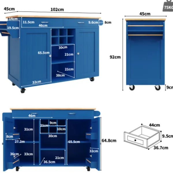 Köksö>Modern köksö (102x45x92cm) i blått med träådring – multifunktionell som matbord, köksskåp & bufféskåp med förvaringsutrymme
