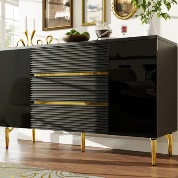 Sideboards>Modern svart byrådesign – matsal med gulddetaljer, 3 lådor