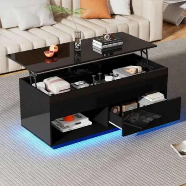 Soffbord>Modernt högglansigt svart lyftbord – 100 cm LED-bord med hydraulik & förvaring | Elegant vardagsrumsbord