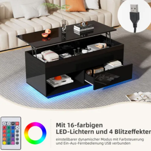 Soffbord>Modernt högglansigt svart lyftbord – 100 cm LED-bord med hydraulik & förvaring | Elegant vardagsrumsbord