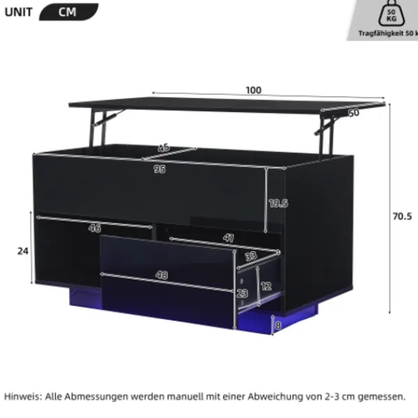 Soffbord>Modernt högglansigt svart lyftbord – 100 cm LED-bord med hydraulik & förvaring | Elegant vardagsrumsbord