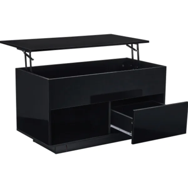 Soffbord>Modernt högglansigt svart lyftbord – 100 cm LED-bord med hydraulik & förvaring | Elegant vardagsrumsbord