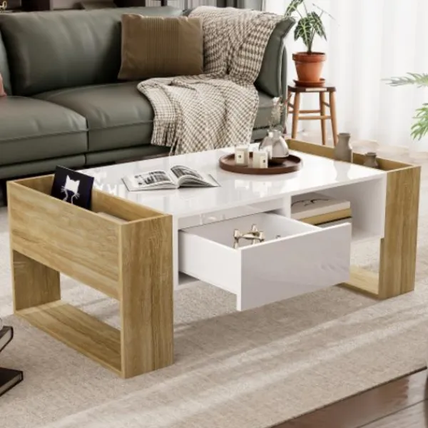 Soffbord>Modernt soffbord 105 x 60 x 40 cm - delvis högblankt, med lådor och öppna fack