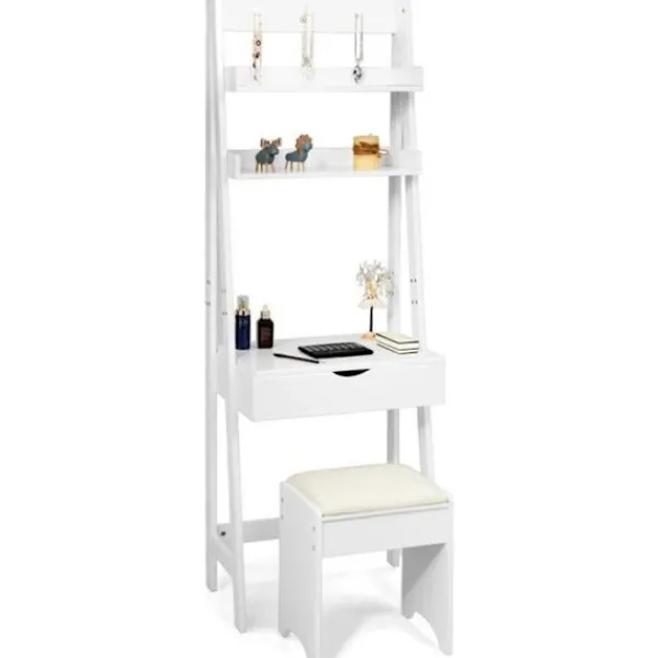 Sminkbord>Modernt spegelsmink-/sminkbord med en pall och 2 hyllor MDF-sminkbord för sovrum