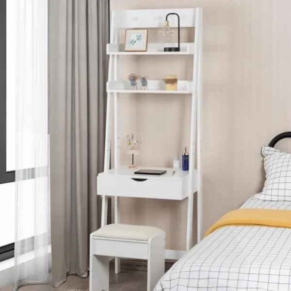 Sminkbord>Modernt spegelsmink-/sminkbord med en pall och 2 hyllor MDF-sminkbord för sovrum