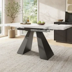 Matbord>Modernt teleskopiskt matbord med kolonnben – utdragbart multifunktionsbord (99–159 × 74 cm) i vitt