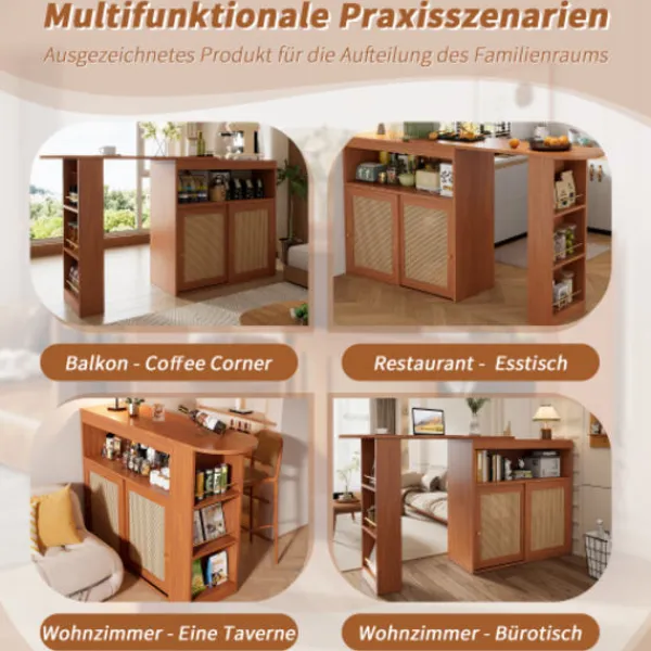 Köksö>Multifunktionellt barbord med rottingfront & justerbara hyllor – utdragbart högt bord (138-193×39×104 cm) för kök & bar