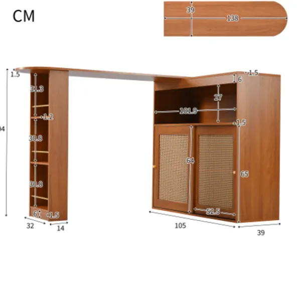 Köksö>Multifunktionellt barbord med rottingfront & justerbara hyllor – utdragbart högt bord (138-193×39×104 cm) för kök & bar