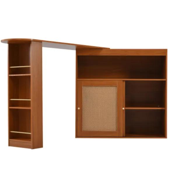 Köksö>Multifunktionellt barbord med rottingfront & justerbara hyllor – utdragbart högt bord (138-193×39×104 cm) för kök & bar
