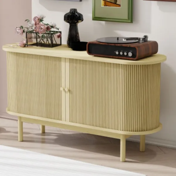 Skåp>Naturlig skänk i trä med ribbor & skjutdörrar – retro-modernt 138 cm skåp med ben i furu & justerbara hyllor