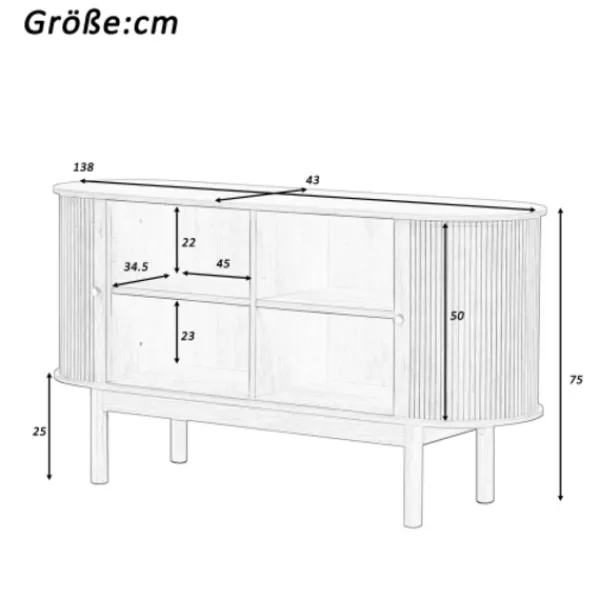 Skåp>Naturlig skänk i trä med ribbor & skjutdörrar – retro-modernt 138 cm skåp med ben i furu & justerbara hyllor