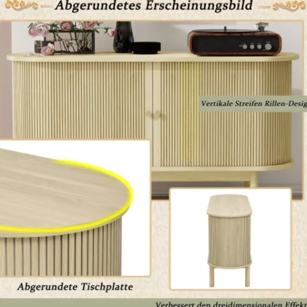 Skåp>Naturlig skänk i trä med ribbor & skjutdörrar – retro-modernt 138 cm skåp med ben i furu & justerbara hyllor