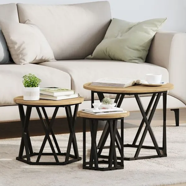 vidaXL Småbord>Nestande Sidobord 3 pcs Artisan Ek Konstruerat trä och stål