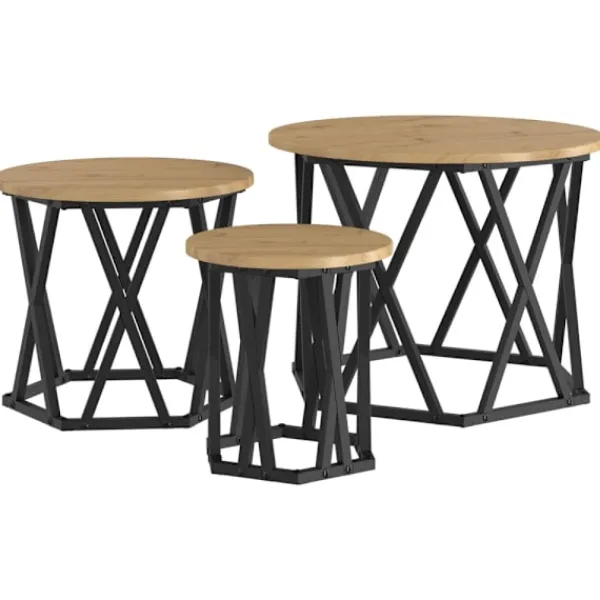 vidaXL Småbord>Nestande Sidobord 3 pcs Artisan Ek Konstruerat trä och stål
