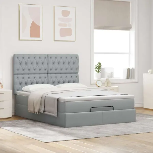 vidaXL Sängar>Ottoman sängram med madrass ljusgrå 140x200 cm tyg