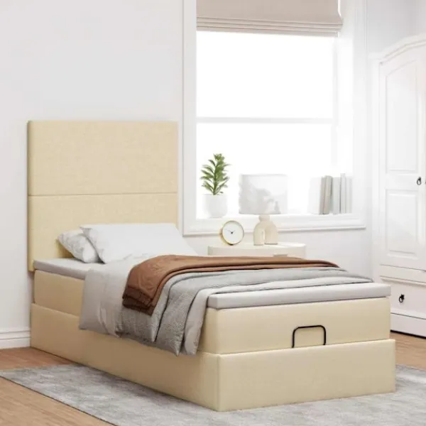 vidaXL Sängar>Ottoman sängram med madrass gräddvit 90x190 cm tyg