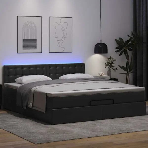 vidaXL Sängar>Ottomansk säng med madrasser&LEDs svart 180x200cm konstläder