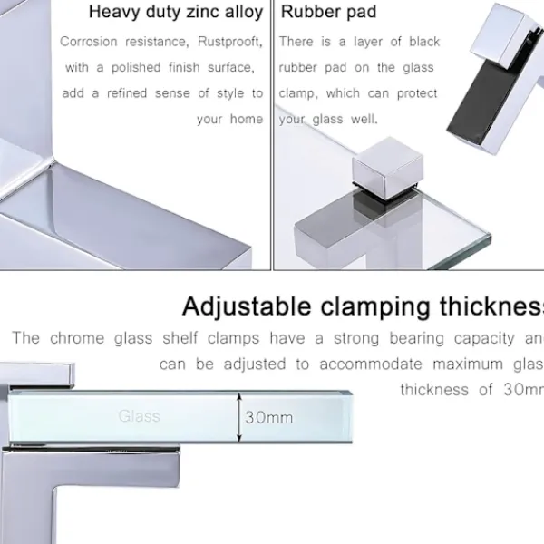 Hyllor>4-pack Justerbara Trähyllor i Glas, Massivt Zinklegerat Hyllfäste, Trä- och Glashållare för 5-30 mm Tjocka Hyllor