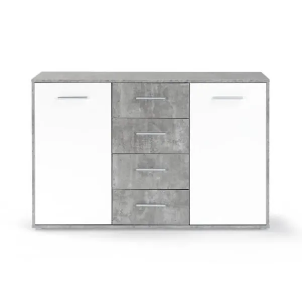 Sideboards>PILVI låg skänk - 2 luckor och 4 lådor - Vit och lätt betong - L 122,6 x D 34,2 x H 81,1 cm