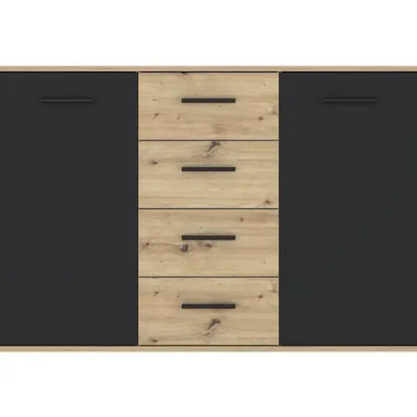 Sideboards>PILVI skänk - Modern stil - Melaminpartiklar - Ek och svart dekor - 2 luckor + 4 lådor - L 122,6 x D 34,2 x H 81,7 cm | Fyndiq