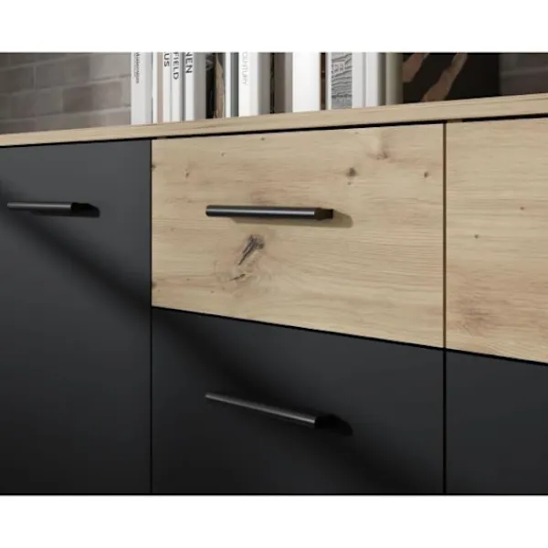 Sideboards>PILVI skänk - Modern stil - Melaminpartiklar - Ek och svart dekor - 2 luckor + 4 lådor - L 122,6 x D 34,2 x H 81,7 cm | Fyndiq