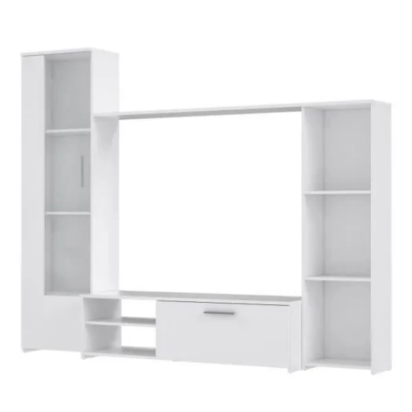 Tv-Bänkar>PILVI TV väggskåp - Melaminpartiklar - dekor - glasdörr + 1 klaff + 5 nischer - L220 x D41 x H177,5 cm