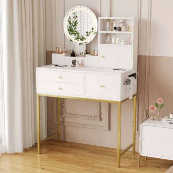 Sminkbord>Professionellt sminkbord med 3-färgs LED-belysning, 80x134cm, med 3 lådor & spegel, förvaringsdesign, vit
