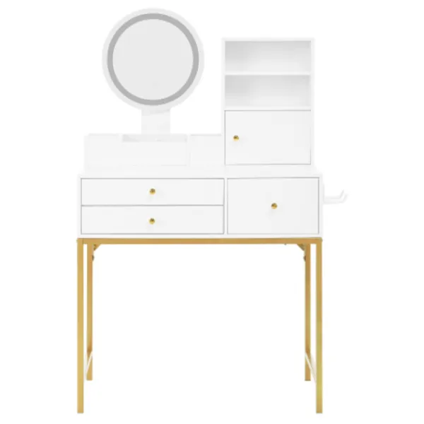 Sminkbord>Professionellt sminkbord med 3-färgs LED-belysning, 80x134cm, med 3 lådor & spegel, förvaringsdesign, vit