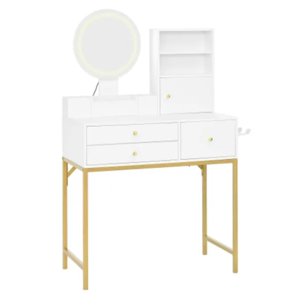 Sminkbord>Professionellt sminkbord med 3-färgs LED-belysning, 80x134cm, med 3 lådor & spegel, förvaringsdesign, vit