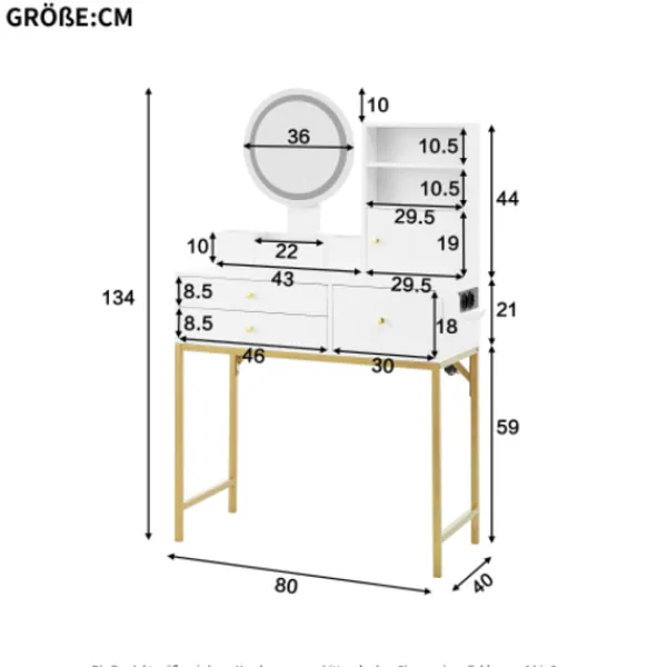 Sminkbord>Professionellt sminkbord med 3-färgs LED-belysning, 80x134cm, med 3 lådor & spegel, förvaringsdesign, vit