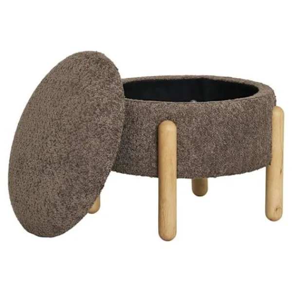 EBUY24 Sittpuffar>Puff med förvaringsutrymme 45x36 cm, brun bouclé effekt och naturliga ben