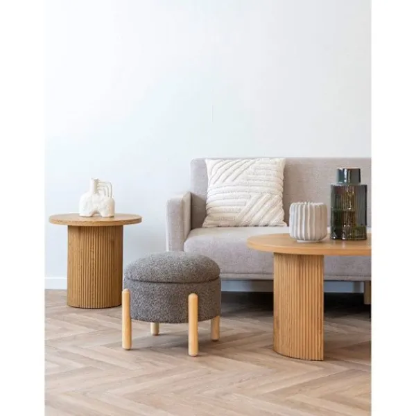 EBUY24 Sittpuffar>Puff med förvaringsutrymme 45x36 cm, brun bouclé effekt och naturliga ben