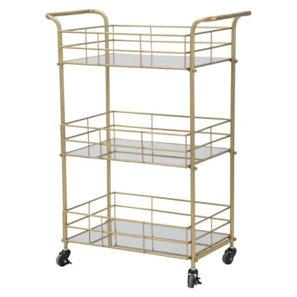 B2X Sideboards>Rektangulär guldfärgad metallvagn, 3 spegelhyllor