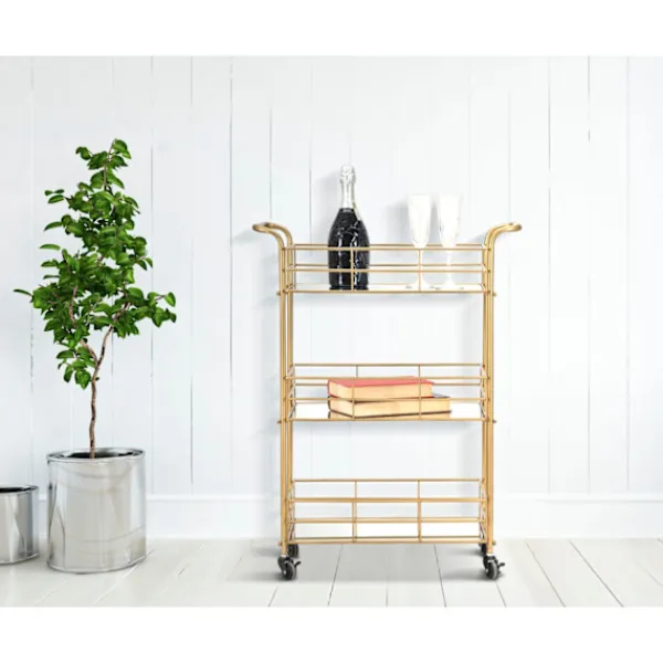 B2X Sideboards>Rektangulär guldfärgad metallvagn, 3 spegelhyllor