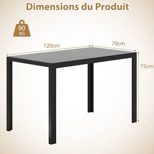 COSTWAY Matbord>Rektangulär Matbord 120 cm för 4 personer - - Glastopp - Metallram för Kök, Vardagsrum