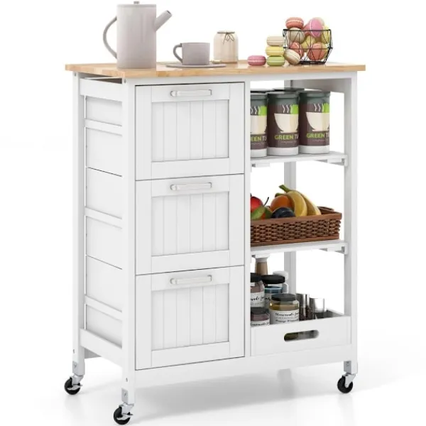 Northix Köksö>Rolling Kitchen Island Cart med 2-lagers förvaring, vit