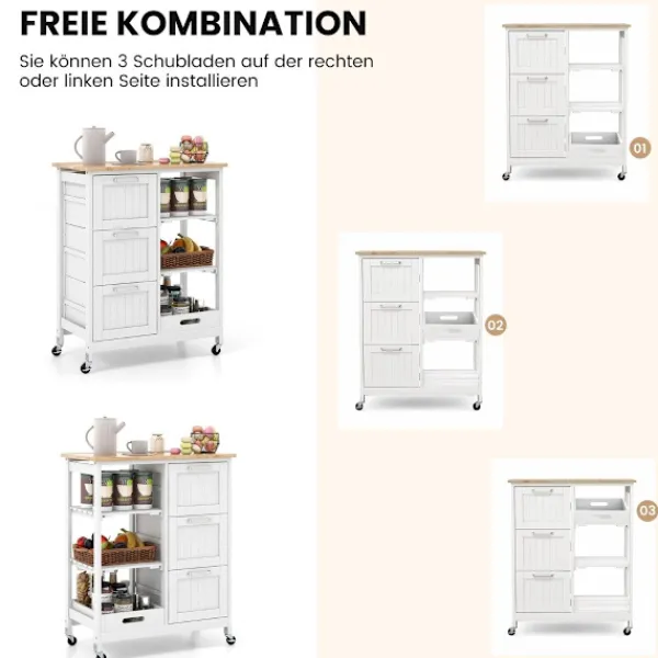 Northix Köksö>Rolling Kitchen Island Cart med 2-lagers förvaring, vit