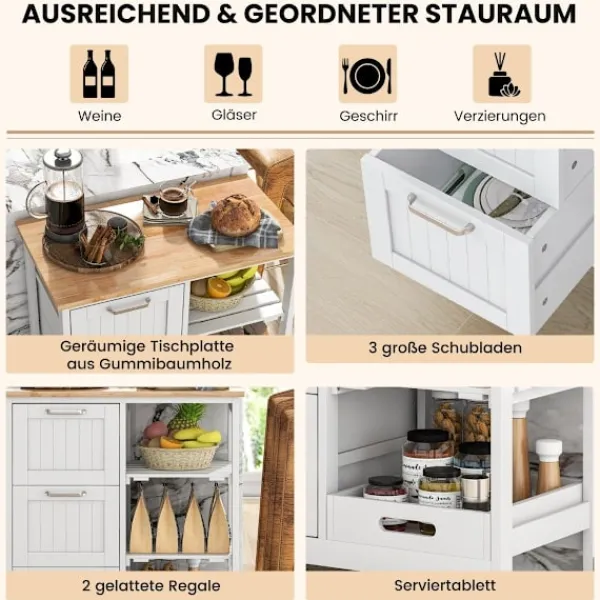 Northix Köksö>Rolling Kitchen Island Cart med 2-lagers förvaring, vit