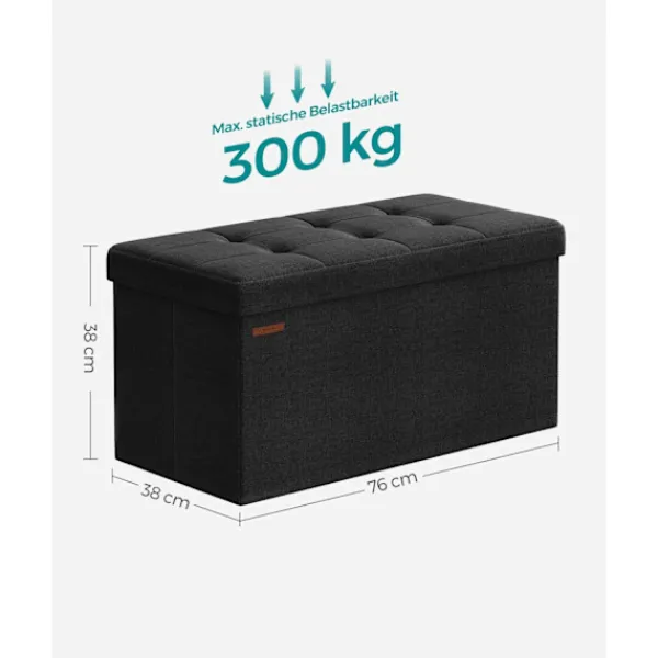 Rootz Living Kistor & Koffertar>Rootz 1 Storage Ottoman - Sittkista - Stor pall - MDF & skum - Imiterad linne - 38cm x 76cm x 38cm - Svart - 5,6 kg - 300 kg Kapacitet