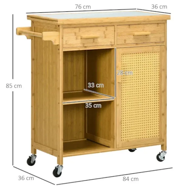 Rootz Living Köksö>Rootz Bamboo Köksvagn - Multifunktionsvagn - Serveringsvagn - 2 lådor - 1 skåp - 2 hyllor - Natur - 84L x 36W x 85H cm