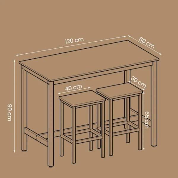 Rootz Living Matgrupper>Rootz Bar Table Set - Pub Table - Bistro Set - Space Saving - Hållbar träflipplatta och järn - Tabell: 120x60x90cm, stol: 40x30x65cm