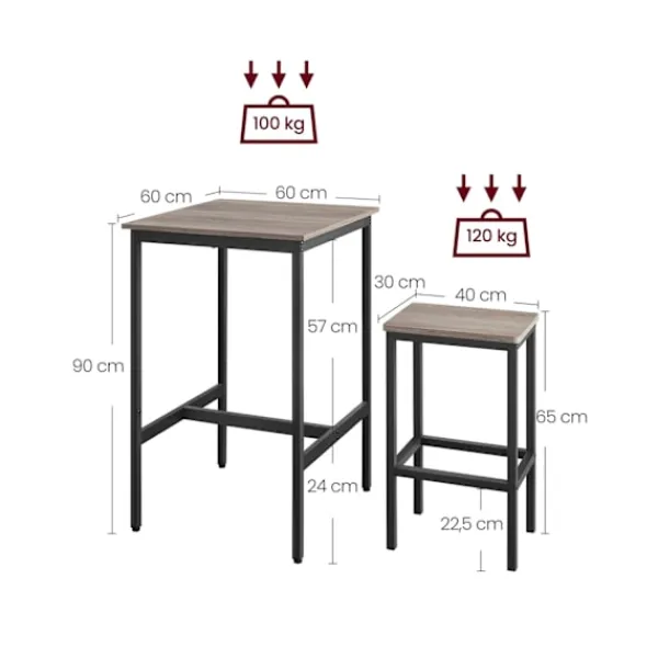Rootz Living Matgrupper>Rootz barbordsset - Greige fläckigt bläck svart - spånskiva stål - bistro pallar - hög lastkapacitet - 60 cm x 60 cm x 90 cm