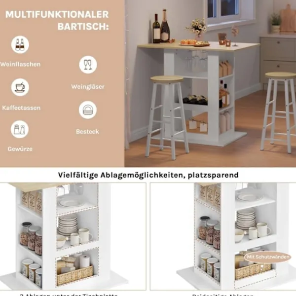 Rootz Living Matbord>Rootz Bart -bord med förvaring - Hemstångsbord - Multifunktionsbänk - 2 glashållare - 105 cm x 94 cm x 68 cm - brun, vit