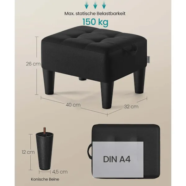 Rootz Living Pallar>Rootz Black Seat Pall - Ottoman - Footrest - Stöd 150 kg - 40 cm x 32 cm x 26 cm